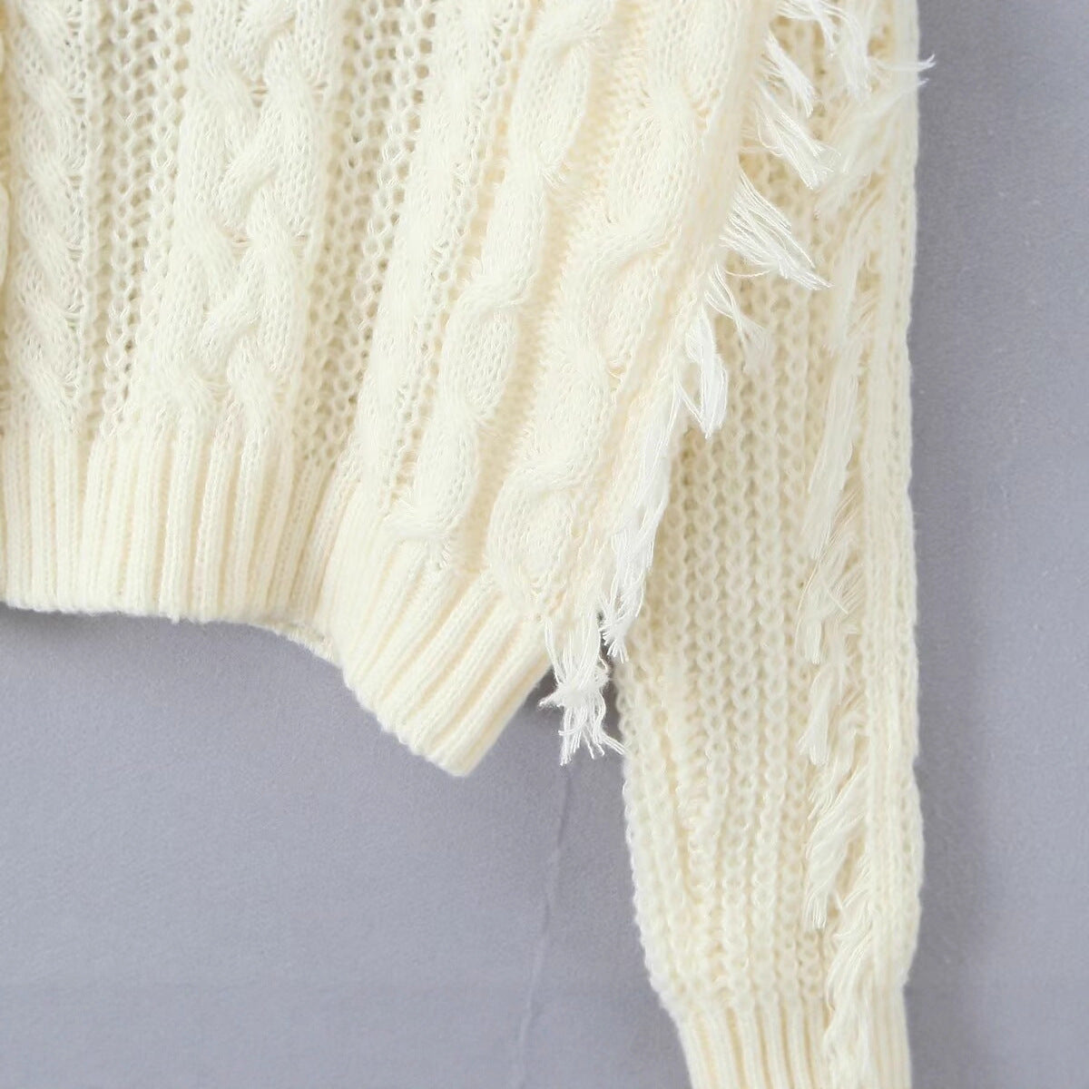 Damen Grobstrickpullover V-Ausschnitt Fransen