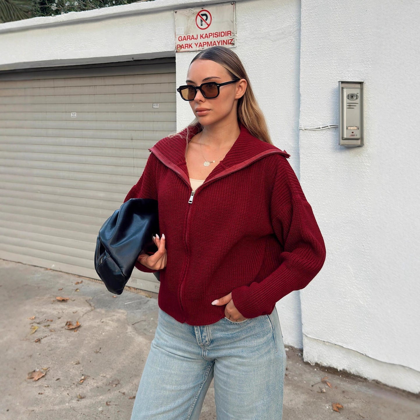 Damen Strickjacke Oversized Reißverschluss Hochkragen