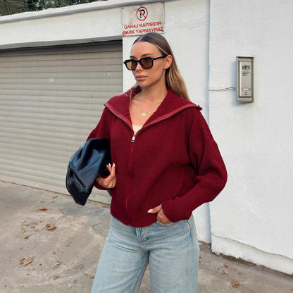Damen Strickjacke Oversized Reißverschluss Hochkragen