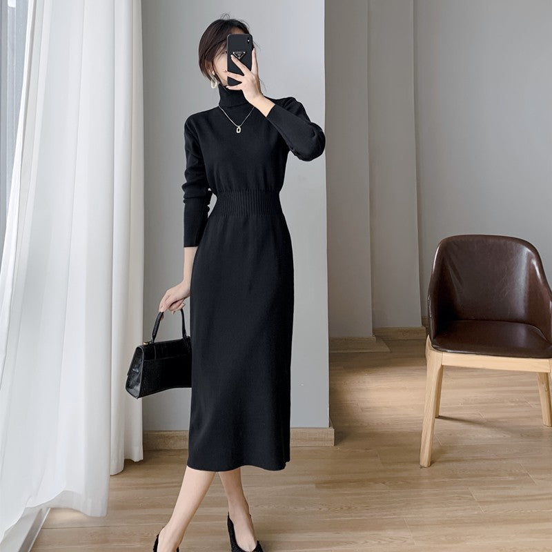 Damen Strickkleid Figurbetont Hochkragen Elegantes Design Eveloria