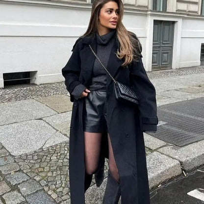 Damen Long-Trenchcoat Stehkragen Strukturiert Eveloria