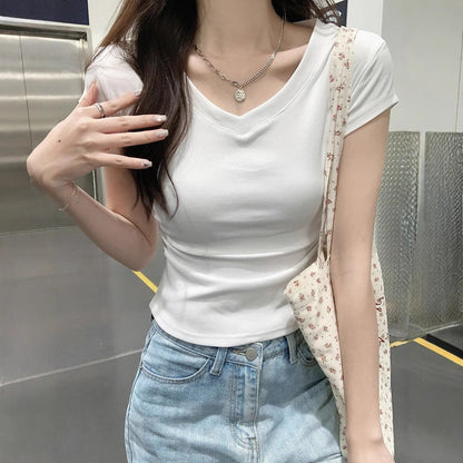 Damen T-Shirt V-Ausschnitt Figurbetont Weiss