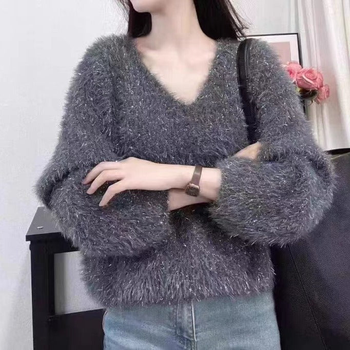 Damen Pullover V-Ausschnitt Flausch langarm Glitzer Schwarz Eveloria - Eveloria