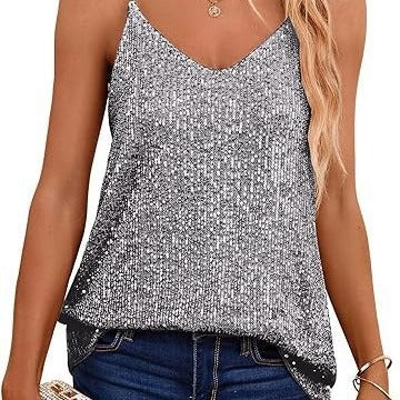 Damen Spaghetti-Trägertop V-Ausschnitt Glitzerdetails Eveloria