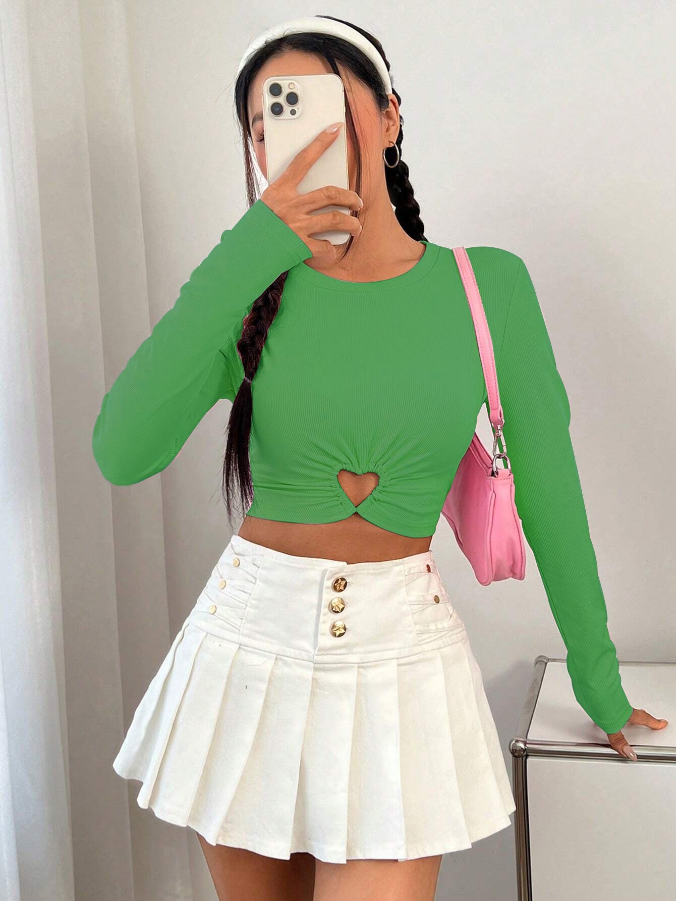 Damen Cropped Langarmshirt Herz-Ausschnitt Raffung