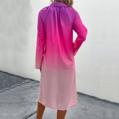 Damen Midi Hemdkleid Farbverlauf Elegantes Knopfdesign