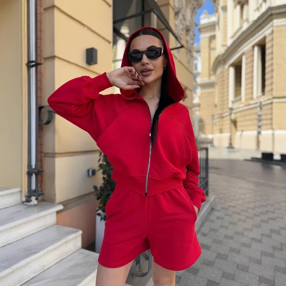 Damen Sportliches Zweiteiler-Set Kurzärmelige Jacke Lässige Shorts