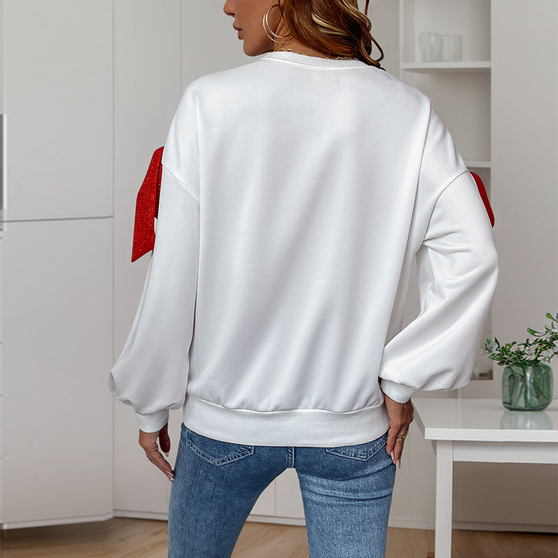Damen Sweatshirt Voluminöse Puffärmel Schleifendesign Grau