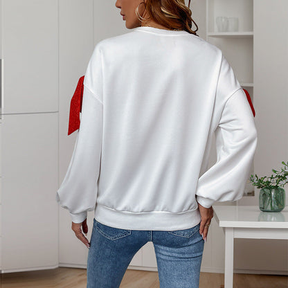 Damen Sweatshirt Voluminöse Puffärmel Schleifendesign Grau
