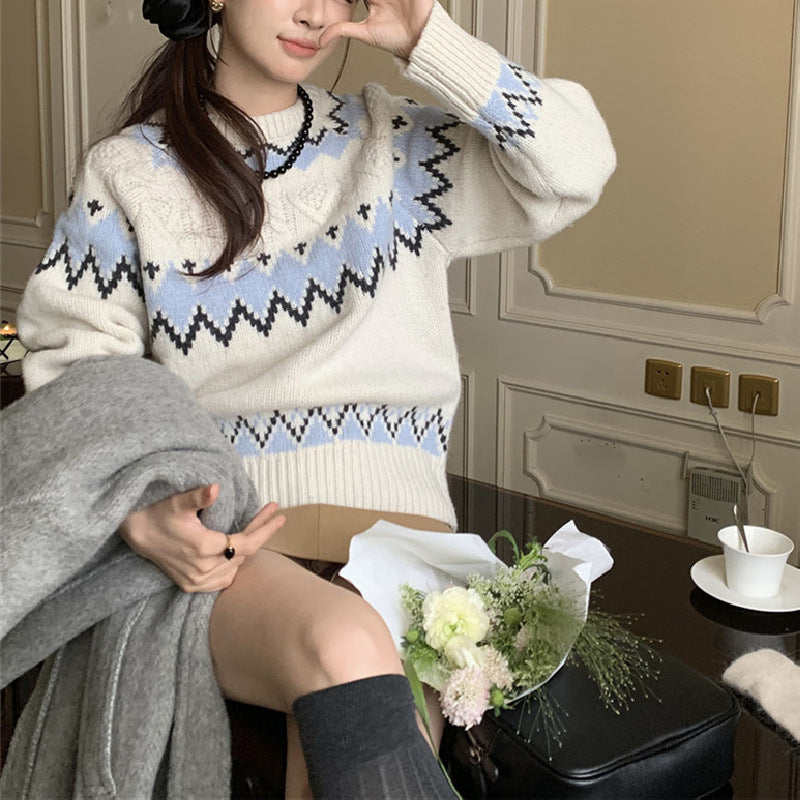 Damen Strickpullover Rundhals Gemustert Komfortschnitt