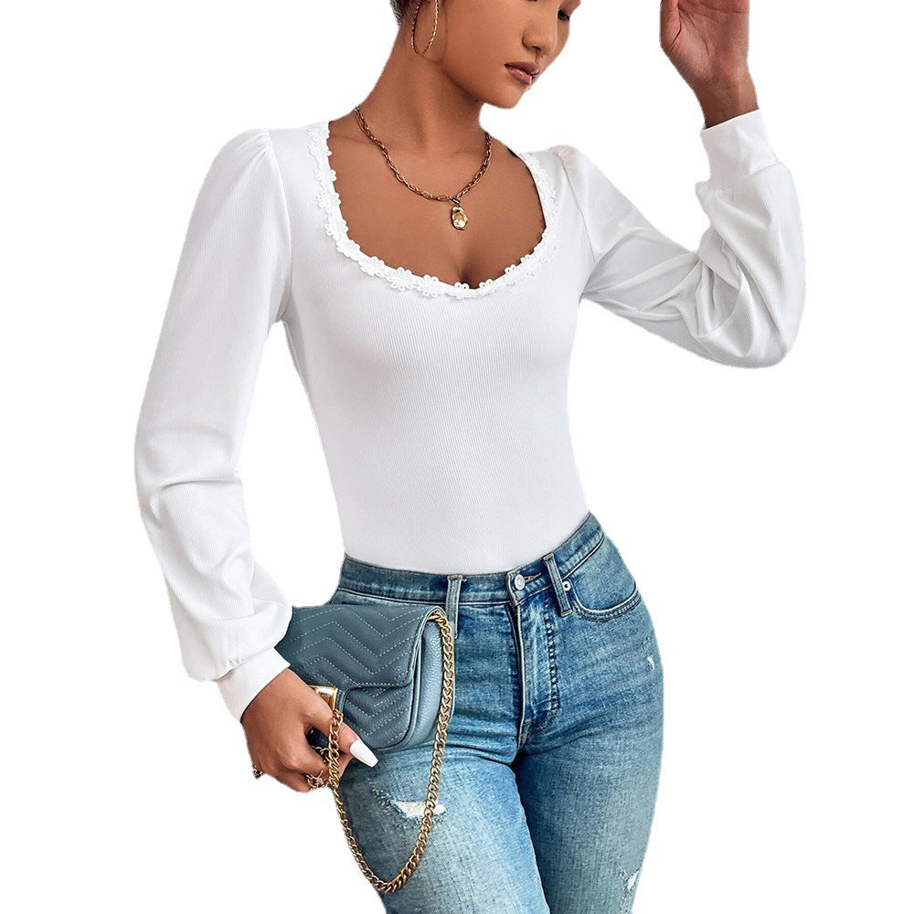 Damen Langarmshirt Rüschendekoration Tailliert Elegant Weiße Farbe
