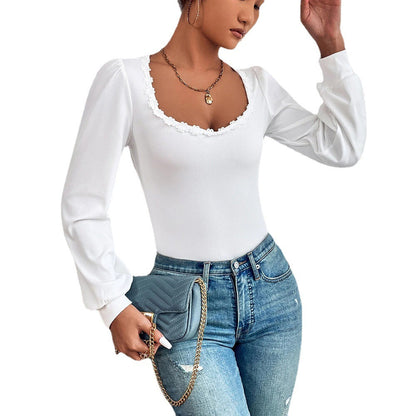 Damen Langarmshirt Rüschendekoration Tailliert Elegant Weiße Farbe