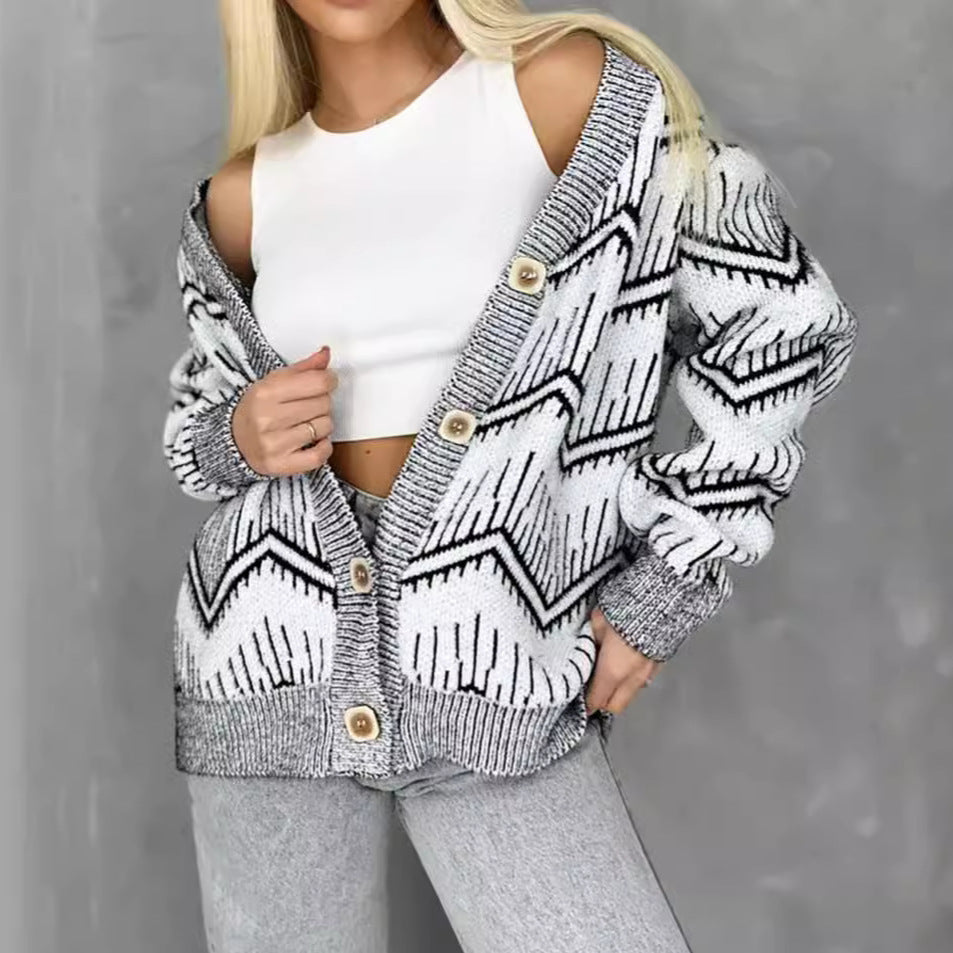 Damen Strickjacke Zigzag Muster Knöpfe Anthrazit - Eveloria