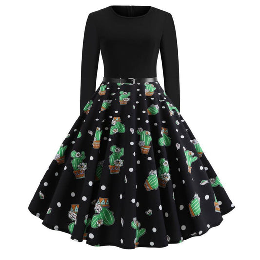 Damen Swingkleid Florales Kaktusdesign Ausgestellter Rock Eveloria - Eveloria