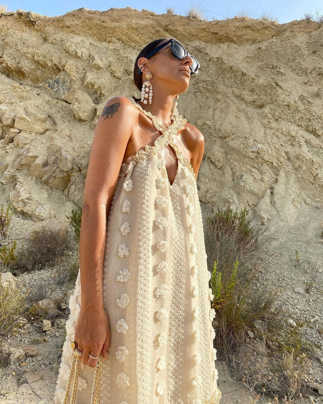 Damen Maxikleid Blumenstickerei Trägerdesign