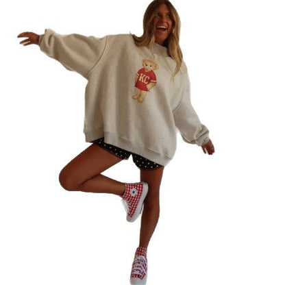 Damen Oversized Sweatshirt Bärenmotiv Grau Eveloria