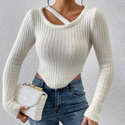 Damen Off-the-Shoulder Stricktop Elastischer Saum Beige