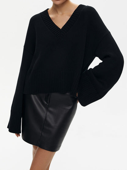 Damen Strickpullover V-Ausschnitt Breite Bündchen Eveloria