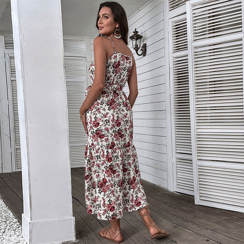 Damen Maxikleid Floralmuster Dekorativer Gürtel