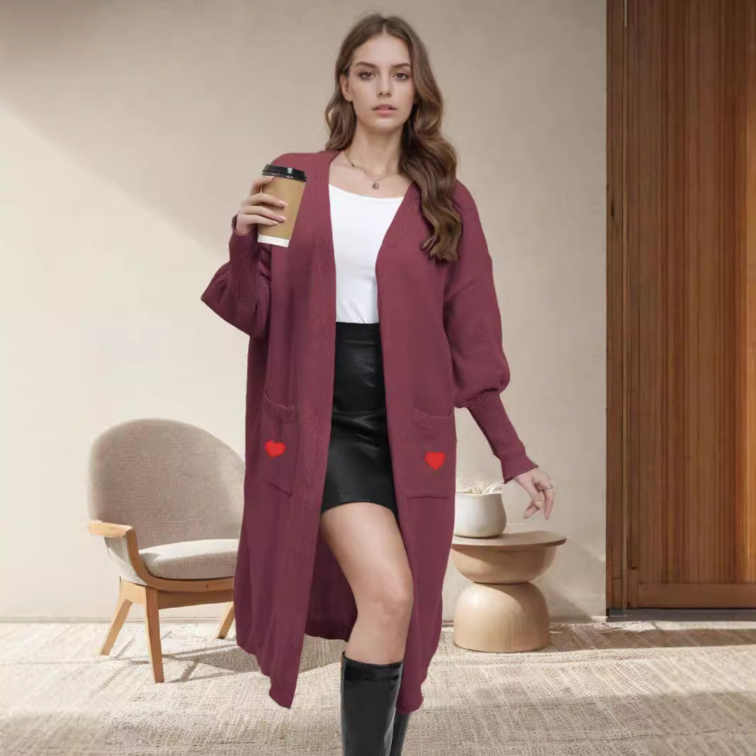 Damen Strickjacke Langarm mit Herzen Offene Taschen