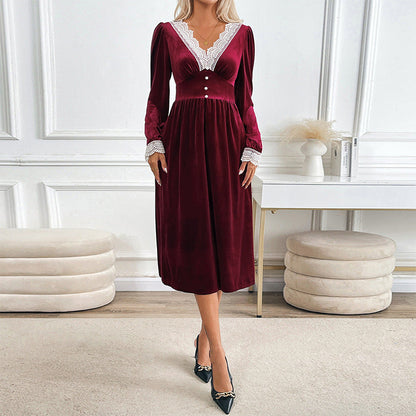 Damen Samtkleid Spitzenapplikation Knöpfe Eveloria