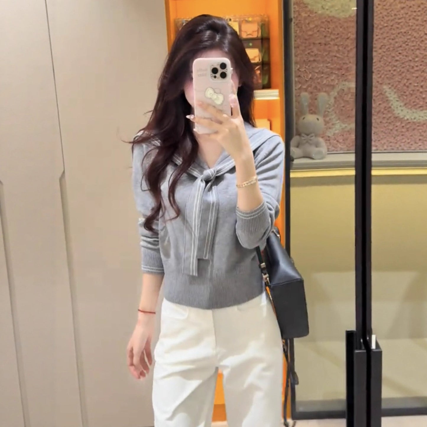 Damen Pullover Schleifenkragen FeinstrickAnthrazit