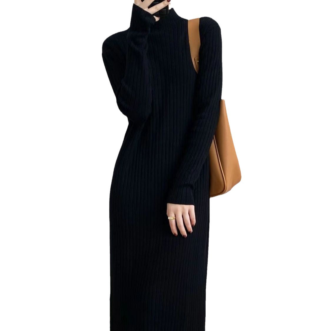 Damen Langarm Strickkleid Rippdesign Flauschig Anthrazit