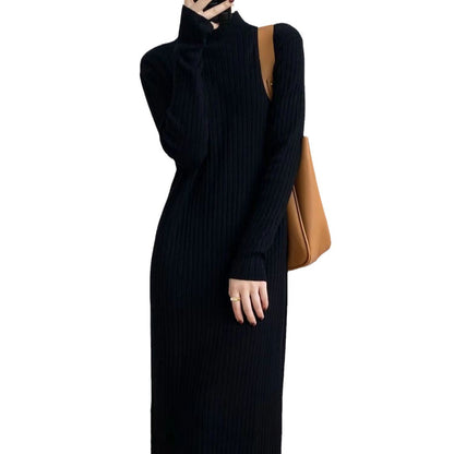 Damen Langarm Strickkleid Rippdesign Flauschig Anthrazit