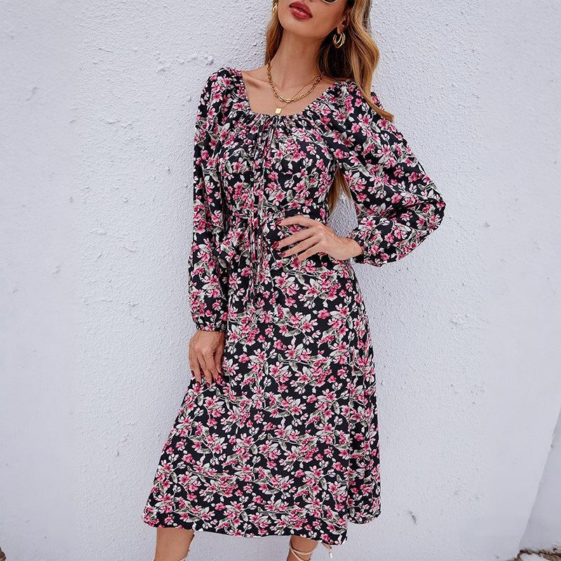 Damen Midikleid Puffärmel Floralmuster - Eveloria