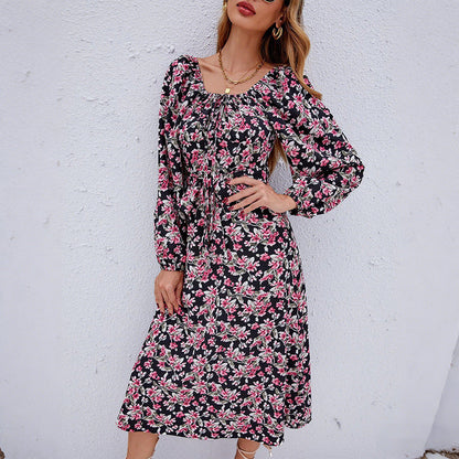 Damen Midikleid Puffärmel Floralmuster - Eveloria