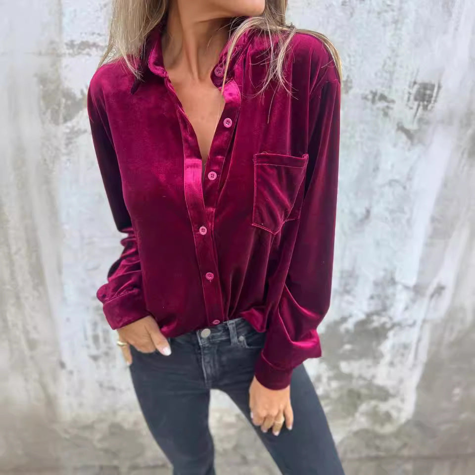 Damen Samtbluse Elegante Bluse Mit Brusttasche Eveloria