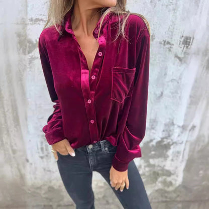 Damen Samtbluse Elegante Bluse Mit Brusttasche Eveloria