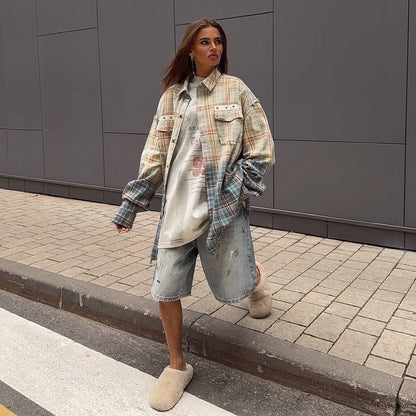 Damen Oversized Karohemdjacke mit Taschen