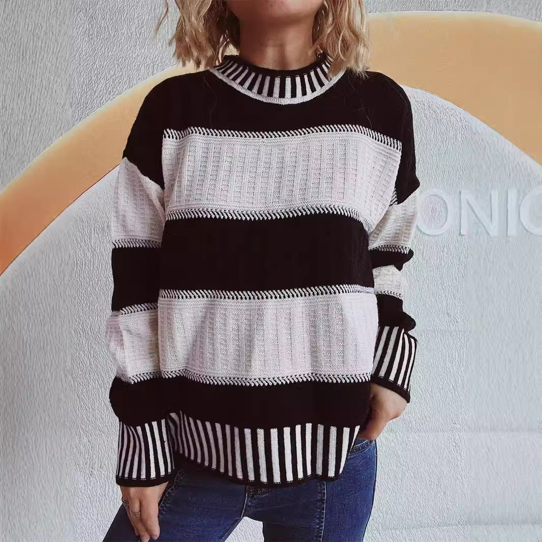 Damen Strickpullover mit Streifenmuster und hohem Bündchen