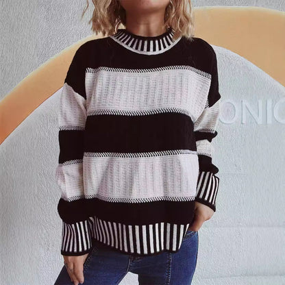 Damen Strickpullover mit Streifenmuster und hohem Bündchen
