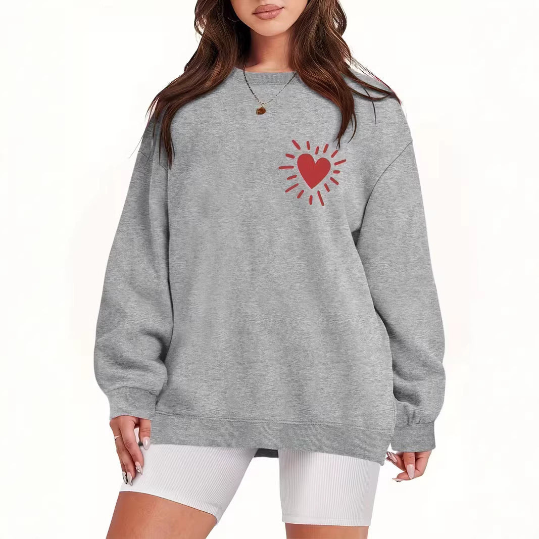 Damen Sweatshirt Lässig Übergroß Herzmotiv Grau