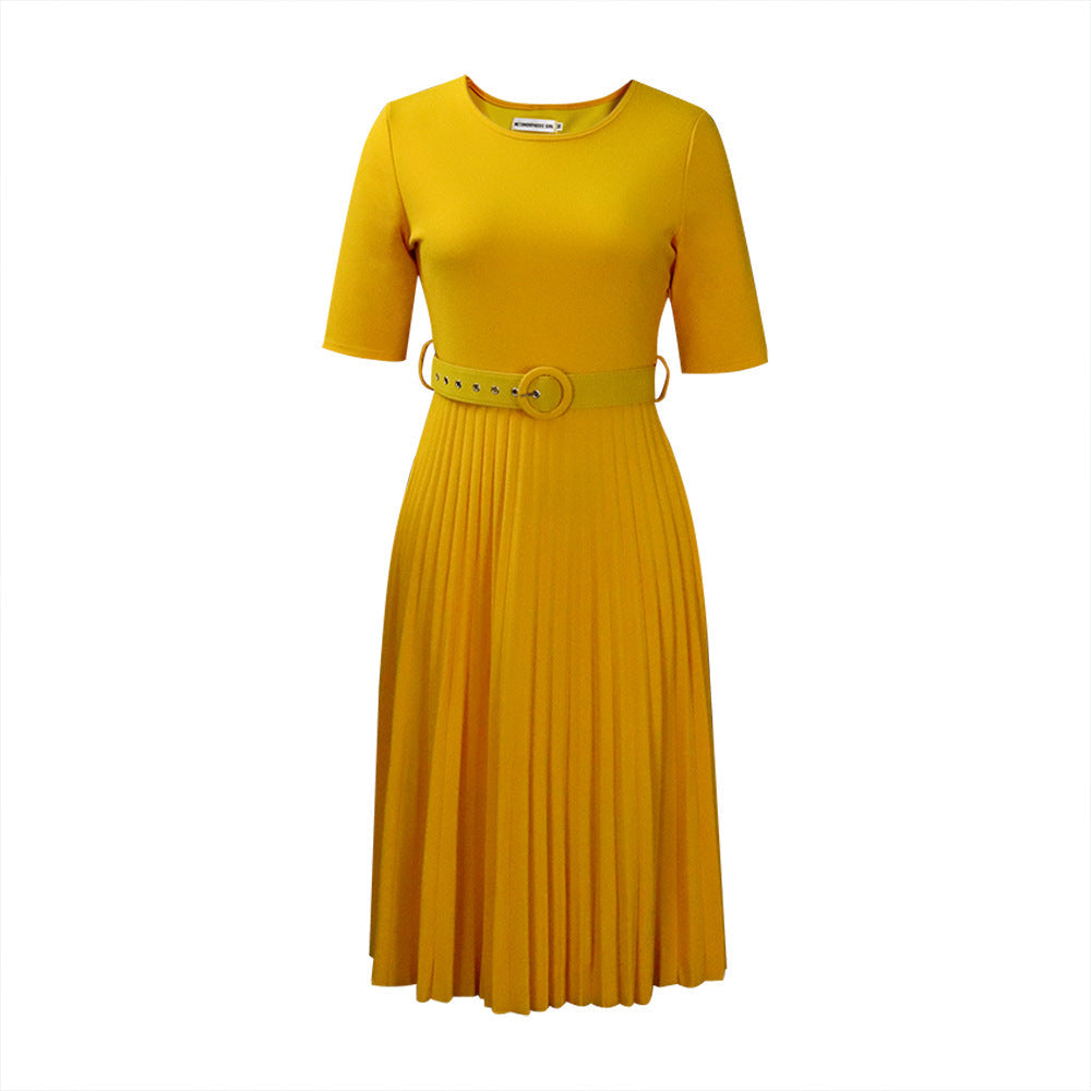 Damen Plissiertes Kleid mit Taillengürtel Kurzärmelig Eveloria