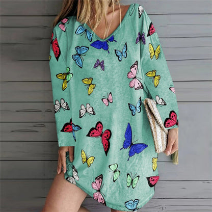 Damen Freizeitkleid mit Schmetterlingsmuster V-Ausschnitt Bunt
