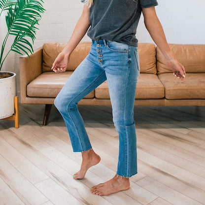 Damen High-Waist Jeans Knöpfeinsatz Fransensaum Eveloria
