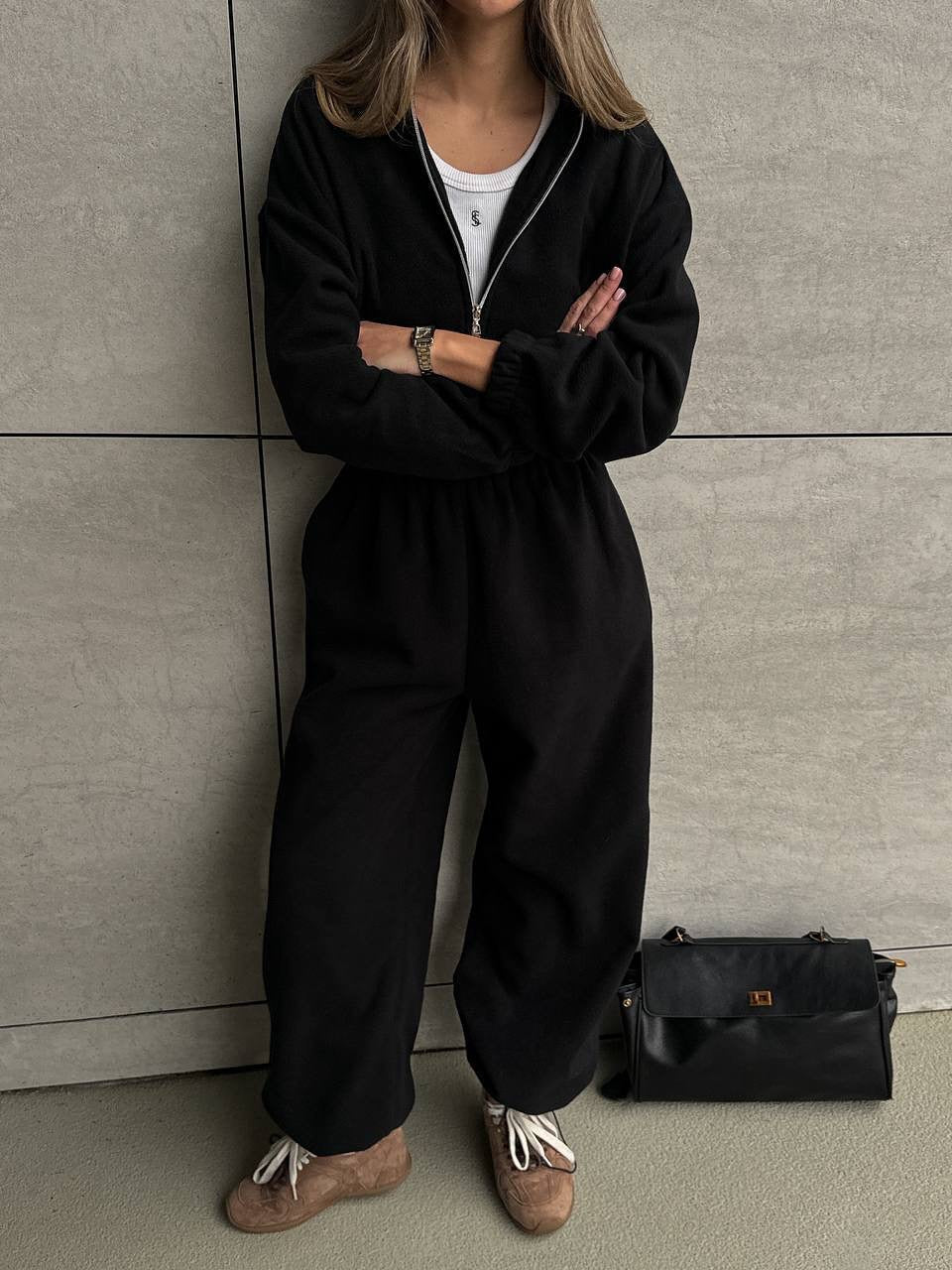 Damen Fleece-Loungewear-Set Hochkragen Taschen Eveloria