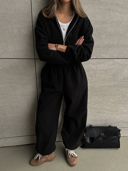 Damen Fleece-Loungewear-Set Hochkragen Taschen Eveloria