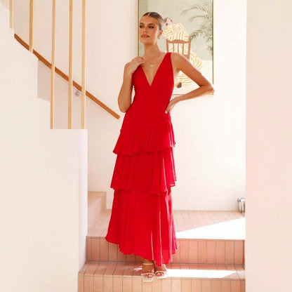 Damen Maxikleid Asymmetrischer Volant V-Ausschnitt Eveloria