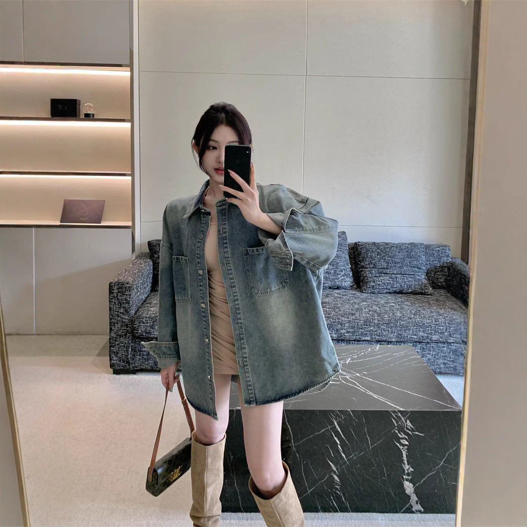 Damen Oversize Denim Hemd aus Jeansstoff Blau Eveloria