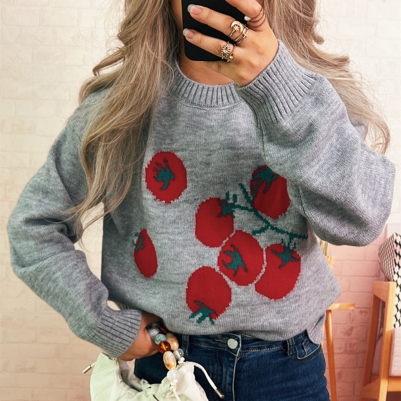 Damen Strickpullover Tomatenmuster Lässig