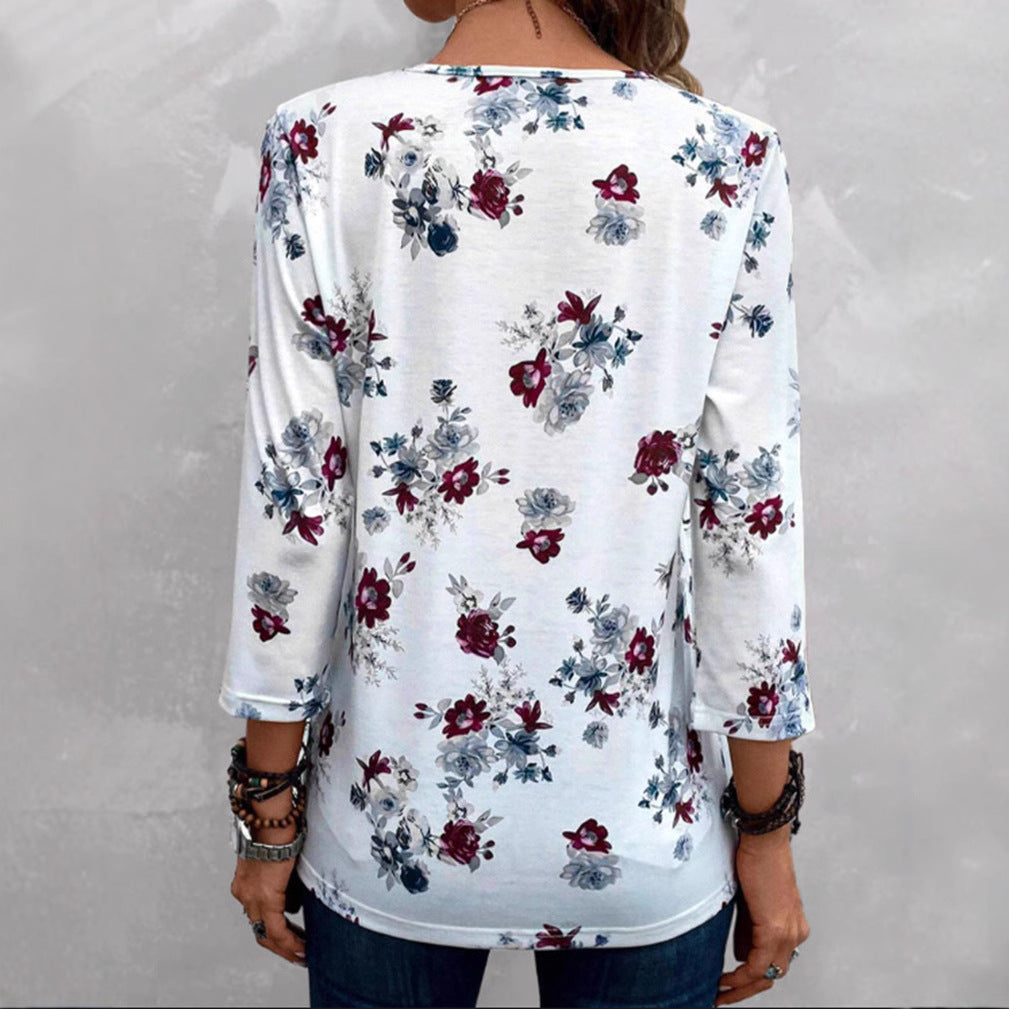 Damen Bluse Floralmuster Knöpfe Eveloria
