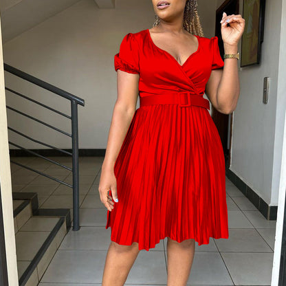 Damen Plissee-Kleid mit Gürtel und Puffärmeln Eveloria