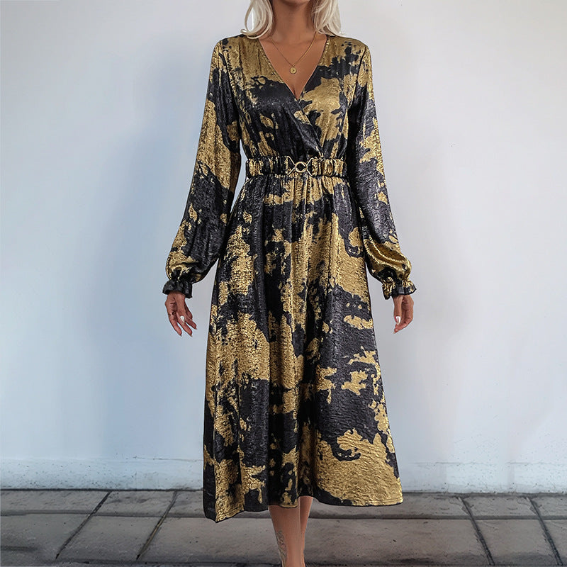 Damen Wickelkleid Elegantes Muster Taillierbarer Gürtel Schwarz - Eveloria