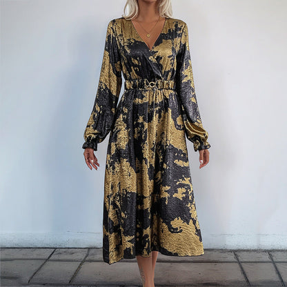 Damen Wickelkleid Elegantes Muster Taillierbarer Gürtel Schwarz - Eveloria