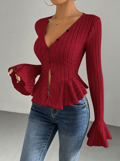 Damen Strickjacke Tailliert Rüschen Eveloria