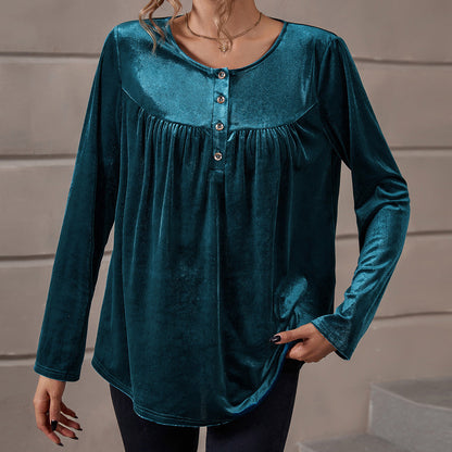 Damen Velours Oberteil Gerafft Knopfdetail Schwarz Eveloria - Eveloria
